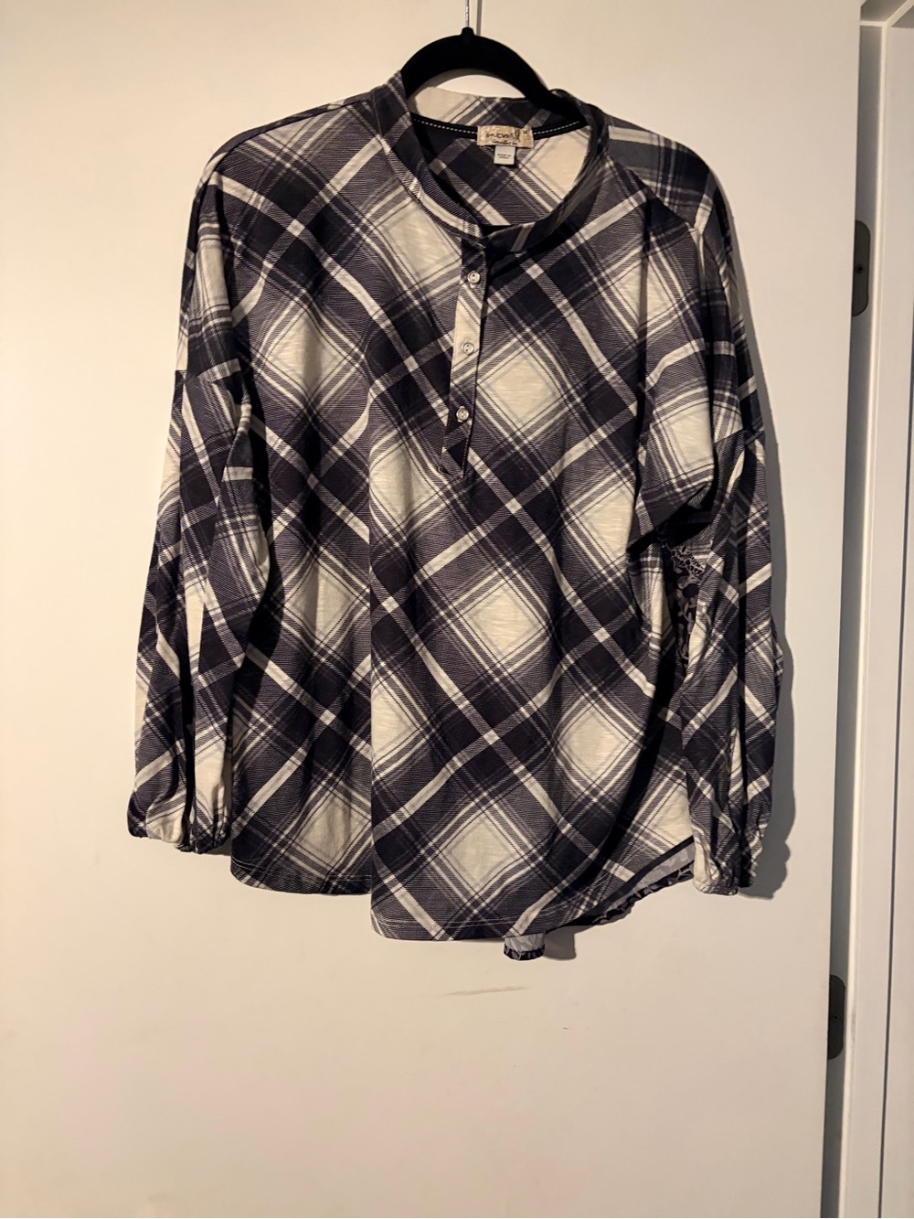 3/$17 ONE WORLD Plaid Henley Top